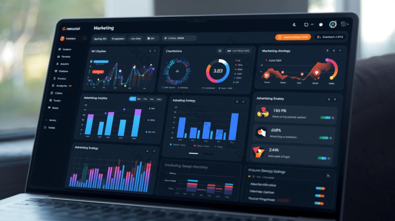 Laptop showing a marketing analytics dashboard with charts, gauges, and performance metrics